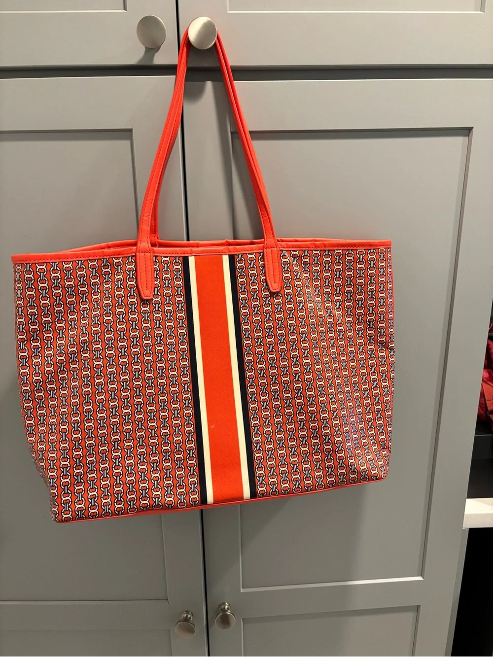 Tory Burch Red Printed Center-Stripe Tote- Gemini Link
